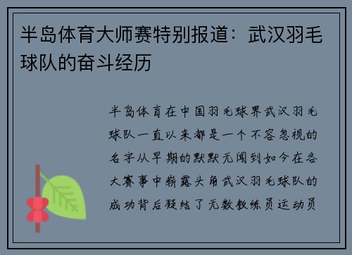 半岛体育大师赛特别报道：武汉羽毛球队的奋斗经历