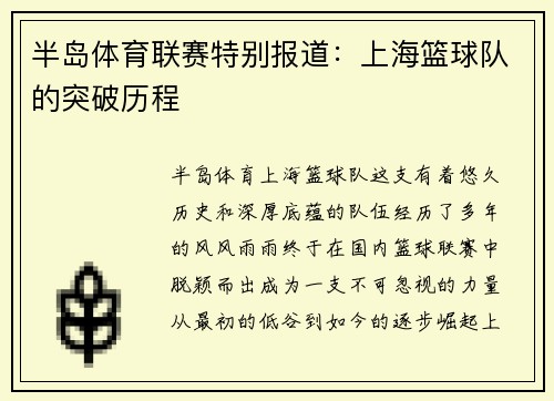 半岛体育联赛特别报道：上海篮球队的突破历程