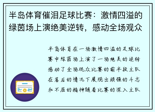 半岛体育催泪足球比赛：激情四溢的绿茵场上演绝美逆转，感动全场观众的精彩瞬间